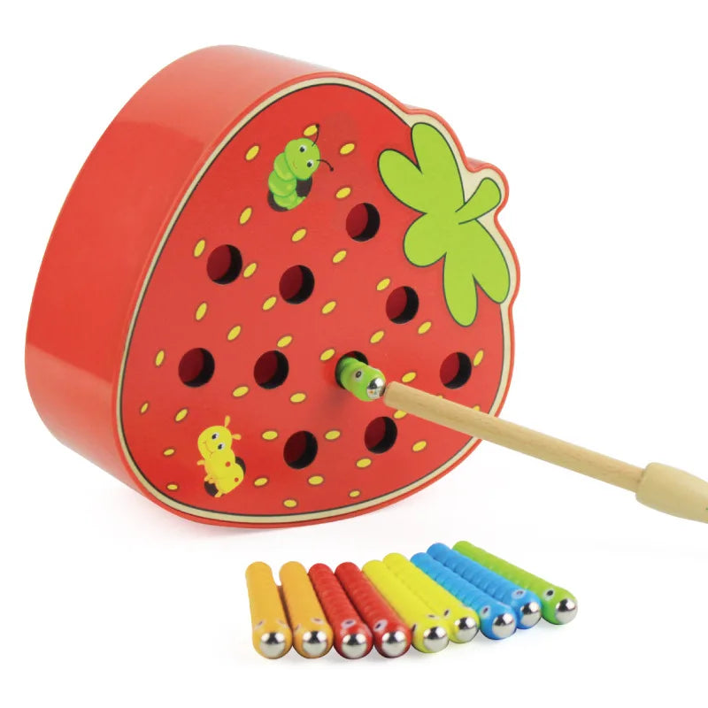 Montessori Baby Toys Wooden 3D Puzzle Educational Toys Magnetic Strawberry Apple Catch Worm Color Cognitive Fine Motor Skill Toy