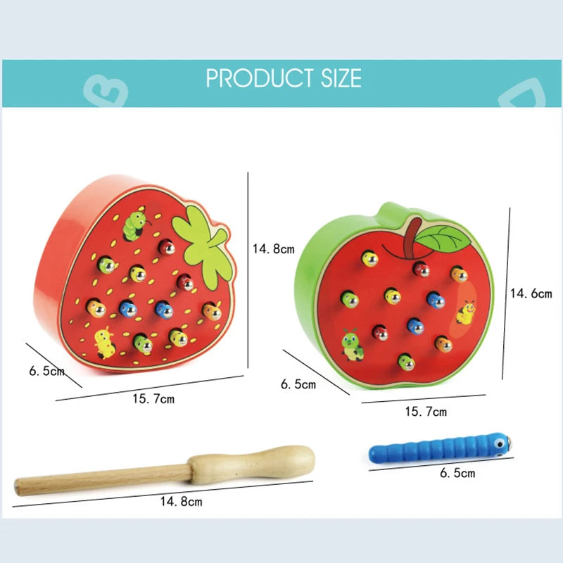 Montessori Baby Toys Wooden 3D Puzzle Educational Toys Magnetic Strawberry Apple Catch Worm Color Cognitive Fine Motor Skill Toy