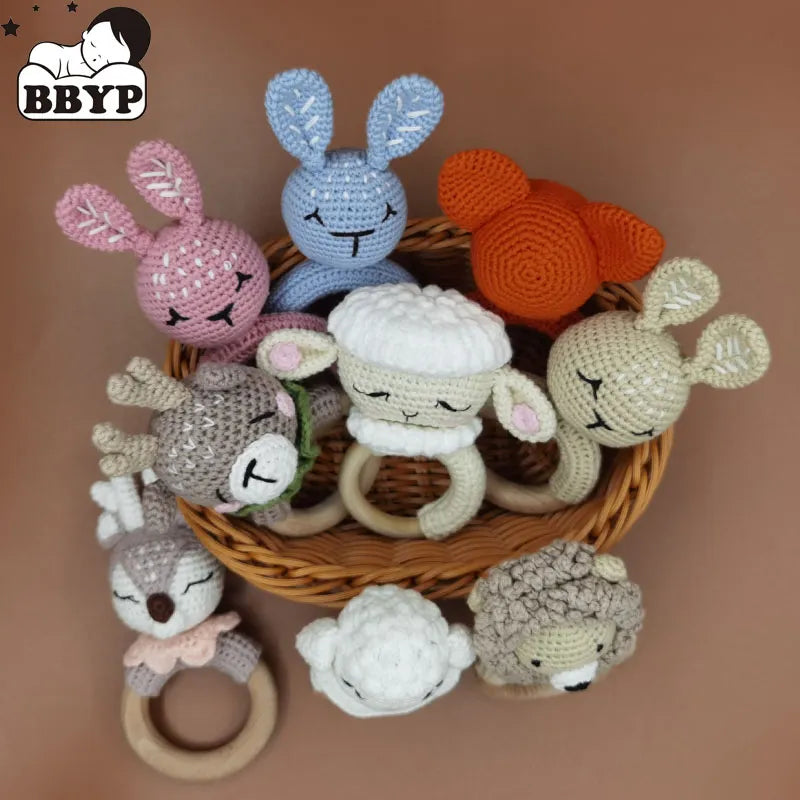 BPA Free Baby Wooden Teether DIY Crochet Deer Sheep Rattle Newborn Rodent Teething Ring Gym Educational Toys for Children Kids