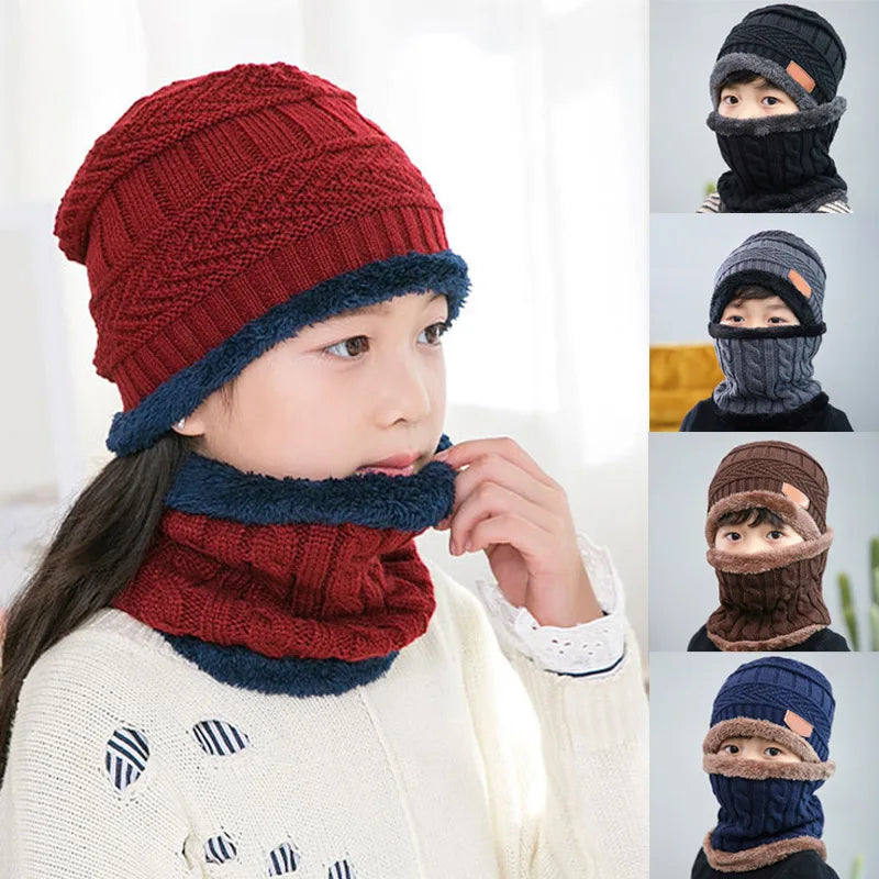 1Pcs Hat Scarf Set Kids Bean Knitted Scarf Cap Children Autumn Winter Fleece Warm Knitted Scarf Hat for Boys Girls