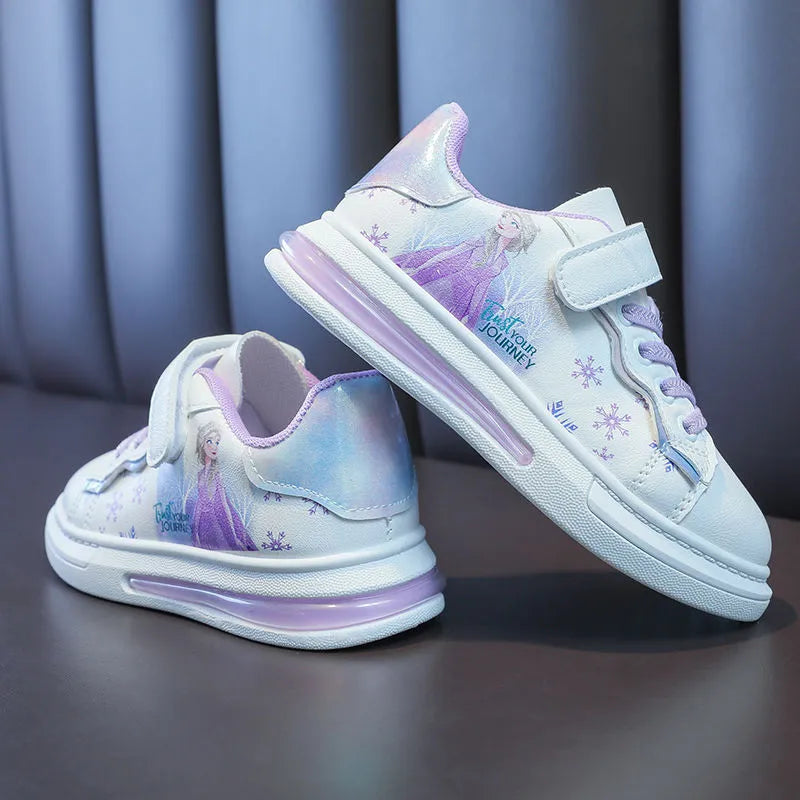 Disney Girls' White Shoes PU Leather Cartoon Princess Elsa Frozen Shoes Spring Girl Baby Waterproof Sports Shoes Flats Size 26-3