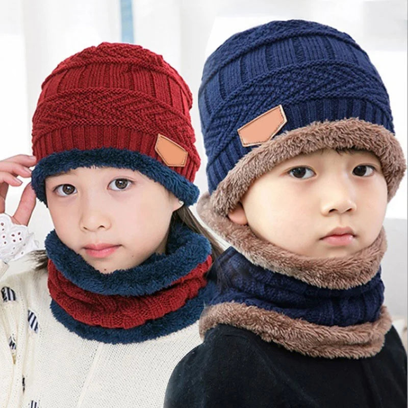 1Pcs Hat Scarf Set Kids Bean Knitted Scarf Cap Children Autumn Winter Fleece Warm Knitted Scarf Hat for Boys Girls