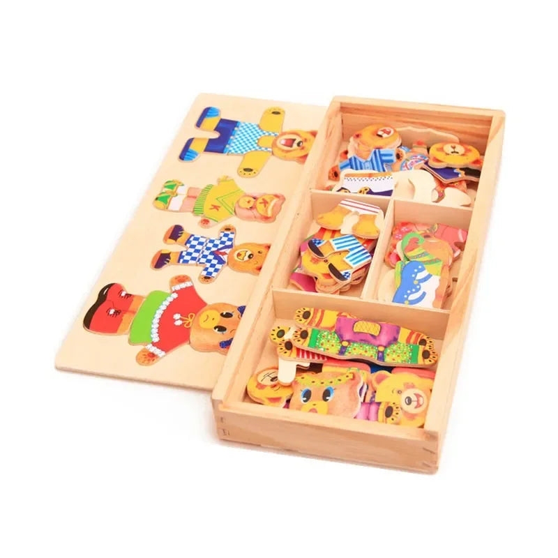 Little Bear Change Clothes Children's Early Education Wooden Jigsaw Puzzle Dressing Game Baby Puzzle Toys for Children Gift